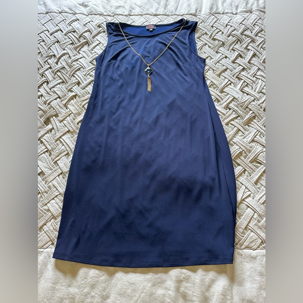 Navy sheath dress with attached necklace. Size M